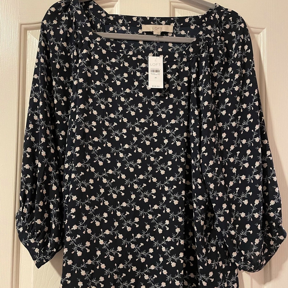 Navy floral wide shoulder blouse